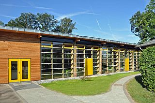 Oberhalb des neuen Schulhofes lag früher der Teich, umgeben von Wald. Heute steht hier unsere neue Mensa.